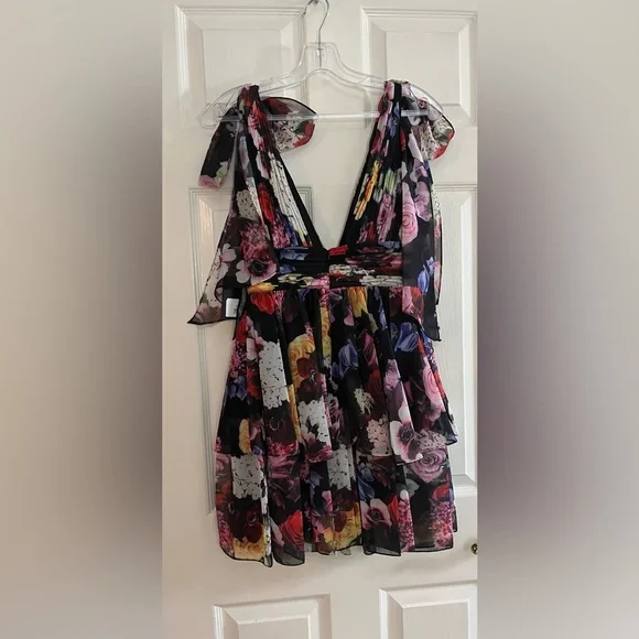 IEENA for Mac Duggal NWT #55837 Floral Bow Strap V-Neck Mini Dress Size 2 - Picture 4 of 14